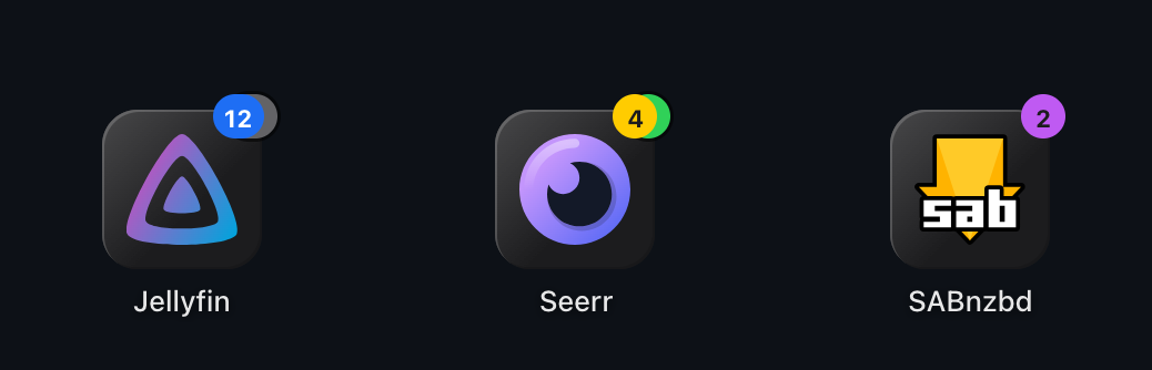 Three app tiles: two badges show a second pill behind them, one does not